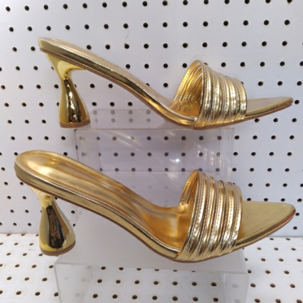 Gold Metallic Leather 3" Mid Heel Strappy Kitten-Heel Pump Peep-toe & Pointy-Toe - Picture 4 of 7
